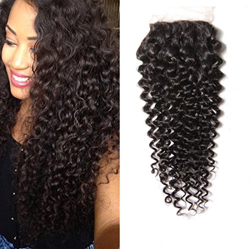 Dinoce Compatible with Longqi Hair Brazilian Human Hair Curly Lace Closure 4x4 Free Part Swiss Style Lace Closure Natural Color (18 Inches)