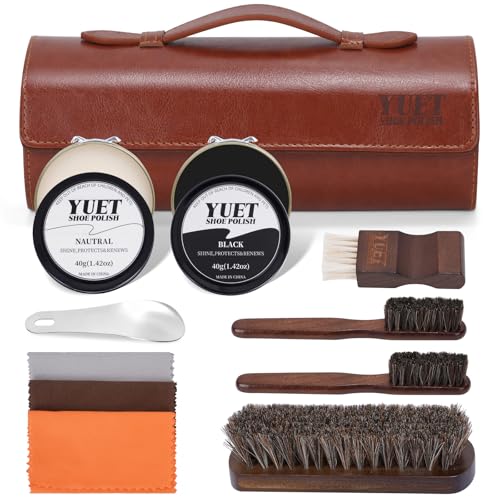 YUET Kit de Cirage et d'entretien 11 pièces pour Cuir PU avec Cire Noir, Brosses à Chaussures...
