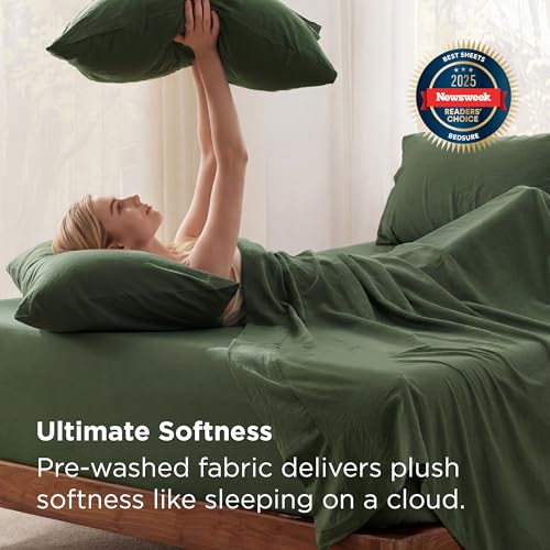 Image of Bedsure Deep Pocket Twin Sheets - 4 Piece, Prewashed Ultra-Soft Twin Sheets Set, Fits Mattresses Up to 18 Inches Thick, Breathable & Secure Fit, Hotel Luxury Bedding, Olive Green