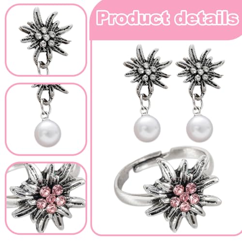 ZORVYN 1 Paar traditionelle Ohrstecker und 1 traditioneller Edelweiß-Ring, besetzt mit Strasssteinen und einem kleinen Edelweiß-Motiv, traditionelle Ohrringe mit Strasssteinen (silberfarben)