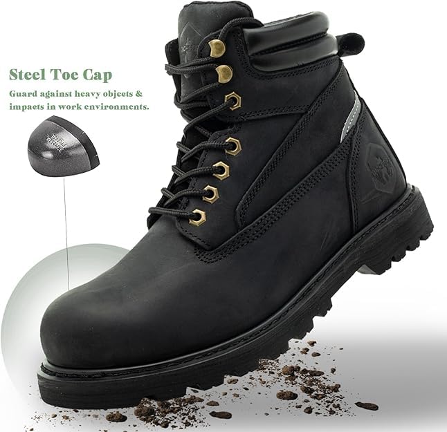 Image of Steel Toe Work Boots for Men 6 Inch Waterproof Non Slip Rubber Comfort Leather Safety Durable Industrial Construction Boots