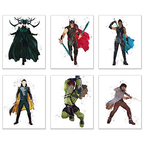Watercolor Thor: Ragnarok Prints - Set of 6 (8x10) Glossy Comic Wall Art Decor - Thor - Hela - Hulk - Valkyrie - Loki - Heimdall