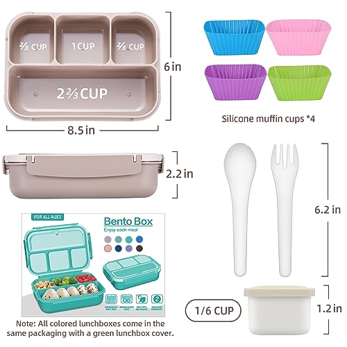 Image of QQKO Bento Box Adult Lunch Box, Lunch Containers for Adults Men Women, Kids Lunch Boxes for School with 4 Compartments, Sauce Container, Utensils and Muffin Cups, Brown