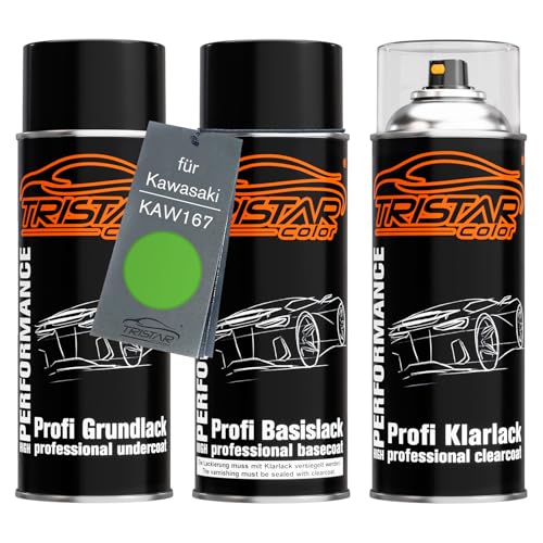 TRISTARcolor Pintura para motos Set de botes de spray para Kawasaki KAW167 Lime Green 2005 Fondo pintura base pintura transparente aerosol 400 ml