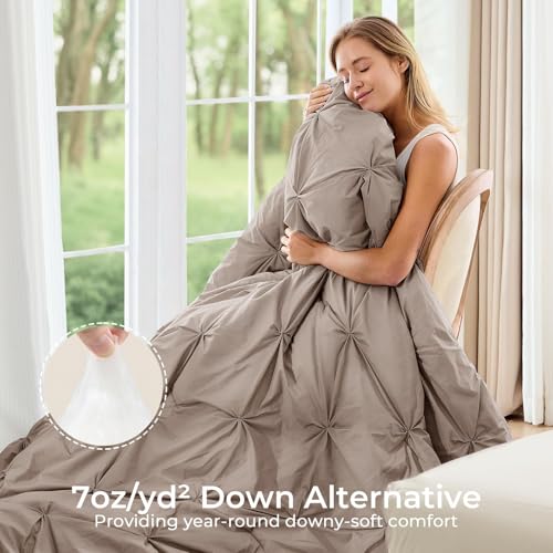 Image of Sasttie Queen Comforter Set, 7-Piece Bed in a Bag, Pintuck Bedding Sets for All Season, Includes Comforter, Flat Sheet, Fitted Sheet, Pillowcases and Pillowshams, Dark Linen