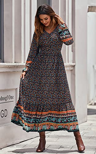 PRETTYGARDEN Long Sleeve Maxi Dress for Women V Neck Casual Button Down Boho Long Floral Dresses