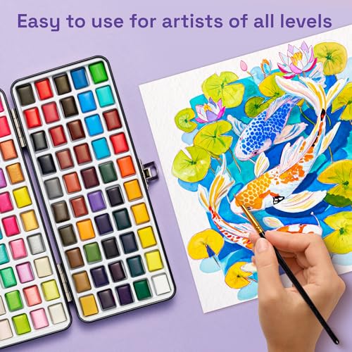 Image of ARTISTRO 100 Color Watercolor Paint Set - Portable Paint Art Kit with Palette and Brush Pens - Travel Water Color Set for Adults, Professionals, Kids - Art and Painting Supplies - Gift Idea