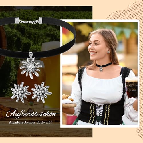 Sinmoe 3 Stück Trachtenschmuck Set Bayerisch Bierfest Dirndlschmuck Elegante Trachtenkette mit Ohrstecker Edelweiß Halskette Samt Kropfband für Damen Bierfest Trachten Dirndl Accessoires(Schwarz)