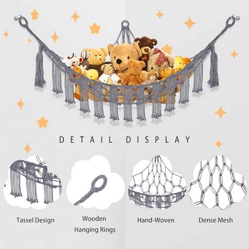 Image of CERETIA Stuffed Animal Hammock with LED Light, Large Stuffed Animals Storage Corner Plushie Net for Kids Room Decor, 2 Packs Grey