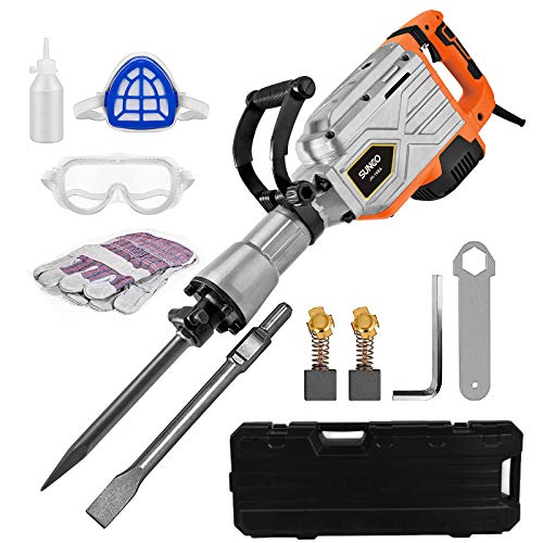 SUNCOO Electric Demolition Jack Hammer, 1900BPM Heavy Duty Jackhammer Powerful Rock Pavement Concrete Breaker Drills Kit with Gloves, Wheeled Case, Goggle and Flat&Point Chisels Bits
