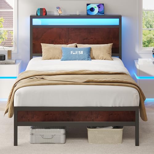 Image of Fluest Twin Bed Frame with Headboard & Footboard, Twin Bed Frame with Charging Station & LED Light, Under-Bed-Storage, No Box Spring Needed, Noise Free, Easy Assembly, Coffee Brown