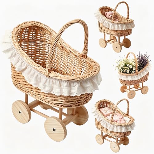 Vintage Wicker Baby Carriage Centerpiece with White Lace Trim