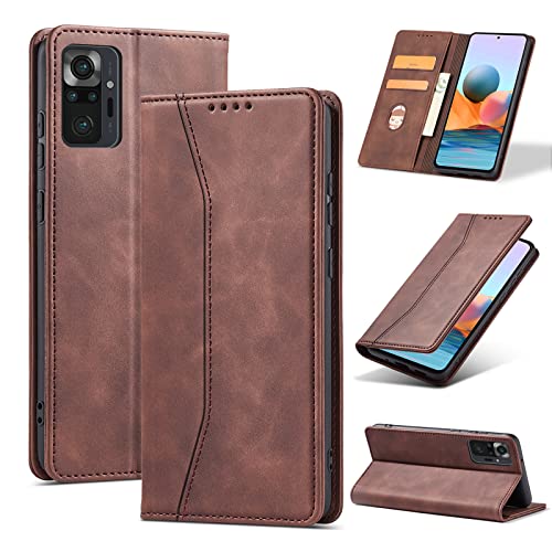 S. Dawezo Funda para Xiaomi Redmi Note10 Pro 4G,Cáscara magnética de Piel de Primera Calidad con Ranura para Tarjetas, absorción de Impactos, Compatible con Redmi Note10 Pro 4G-Café Cover