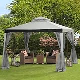 Sunjoy 10 x 10 ft. Soft Top Gazebo, Outdoor Patio Backyard Modern Grey 2-Tier Steel Frame Gazebo with Mesh Netting
