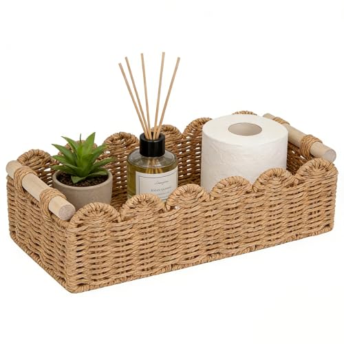 Upgraded Paper Rope Scalloped Edge Toilet Paper Storage Basket, Small Living Room, Bedroom Decor Baskets for Over Toilet Storage Shelf, End Table, Shelves and More, with 2 Wooden Handle (Neutral)