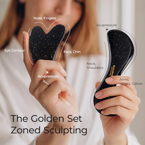 Image of Scienlodic 2 Pcs Gua Sha Massage Tools for Face & Body (Black Gold, Resin) - Guasha Scraping Tool for Jawline Contouring, Puffiness Reduction, Neck, Shoulders, Arms & Calves Relaxation