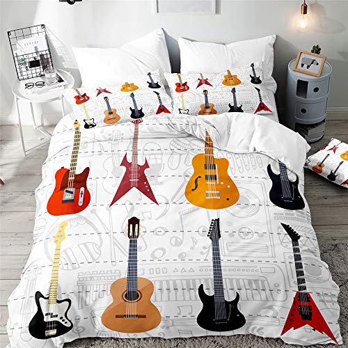 Surwin Bettwäsche-Set 3 Teilig Single Doppelt King Größe, Mikrofaser 3D Bettwäsche Set Gitarre Musik Drucken Bettbezug mit Reißverschluss + 2 Kissenbezüge für Jungen Mädchen (Bühne,135x200cm)