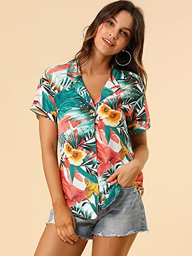 Allegra K Women's Hawaiian Shirts Floral Top Printed Short Sleeve Button Down Shirt Summer Tropical Tops4