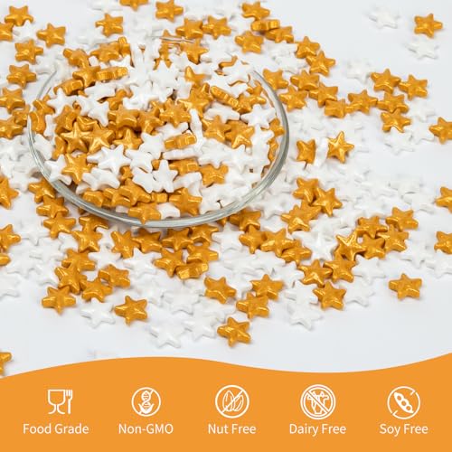 Image of Edible Star Sugar Sprinkles,Gold and White Mix Size,130g,Candy Star Sprinkle for Cake Decorations and Cupcake Toppers, Ice Cream,Wedding Party Decorations