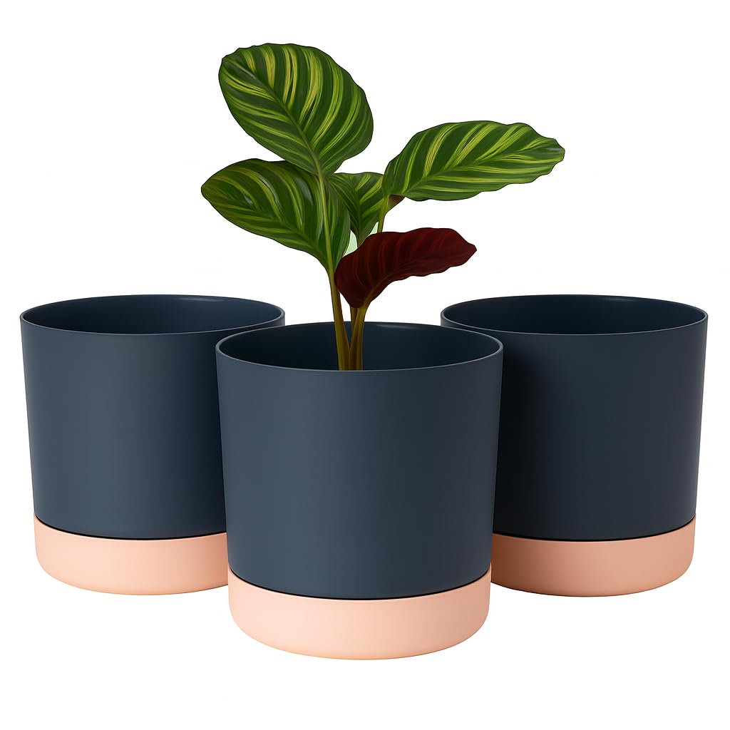 Home Garden Ornaments Plant Pots Indoor – Set of 3 Plastic Outdoor Planters with Drainage Holes and Saucer, Classy Decorative Flower Pots (13cm / 5inch – Anthracite/Pink)