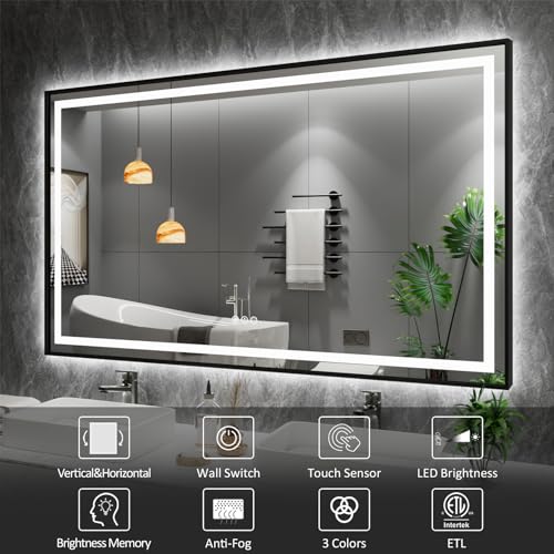 Amorho 28"X36" LED Bathroom Mirror with Black Frame, Front Light and Backlit, Stepless Dimmable, Anti-Fog, Shatter-Proof, Memory, 3 Colors, Double LED Vanity Mirror