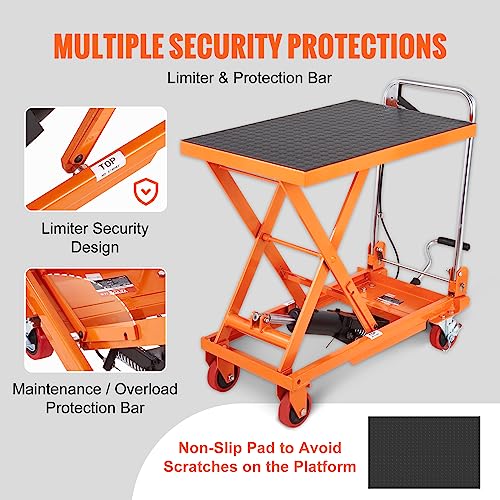 VEVOR Hydraulic Lift Table Cart, 330lbs Capacity 28.5" Lifting Height, Manual Single Scissor Lift Table with 4 Wheels and Non-Slip Pad, Hydraulic Scissor Cart for Material Handling and Transportation