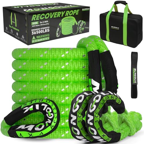 MONGOLIK 1in x 30ft Kinetic Recovery Rope Kit (Reflective), 36500LBS, Heavy Duty Stretch Nylon Towing Ropes with 2 Soft Shackles, Ideal for Trucks, SUVs, ATVs, and Tractors (Green)