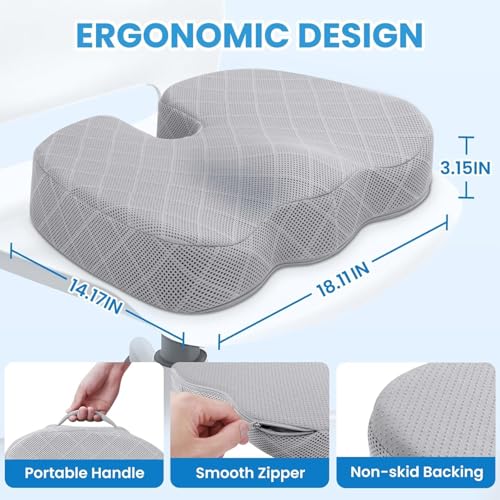 Image of Seat Cushion for Office Chair Memory Foam Non-Slip Cushion Back, Relief Chair Pad, Butt Pillow for Office Chair, Car, Computer Desk (Grey, SEAT CUSION)