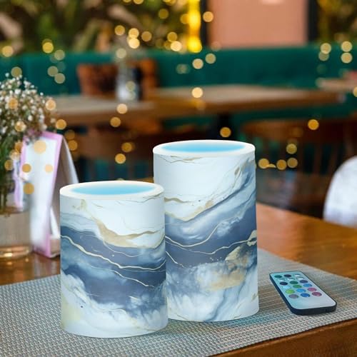 Image of Flickering Flameless Candles, Drak Blue Golden Marble LED Candles with Remote Timer, Set of 2 Battery Operated Candle for Valentine Wedding Birthday