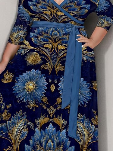 Image of SUZONANA Plus Size Maxi Dresses for Curcy Women Casual Loose 3 /4 Sleeve Long Dress with Belt