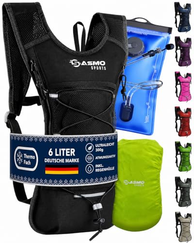 SASMO Trinkrucksack (Schwarz) mit Thermofach | Trinkrucksack Laufen - Ultraleicht 300g & 6L | Laufrucksack mit Trinkblase 2l BPA-Frei | Rucksack mit Trinkblase & Reflektoren | Laufen Fahrradfahren