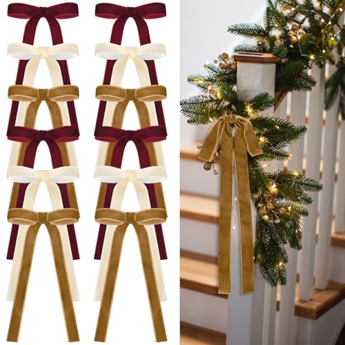 Image of Glitinsel Burgundy,Khaki 24 Pcs Velvet Bows Christmas Tree Ornaments Valentines Day Bows Decoration for Garland Home Coquette Wedding Decor (9 x 13 Inch，Width of 1",Beige)