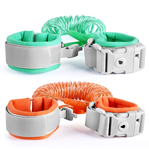 Image of Anti Lost Wrist Link with Key Unlock 2 Pack (4.92ft Green+8.2ft Orange) Toddler Wrist Leash for Kids Child Safety Harness with Reflective Strip