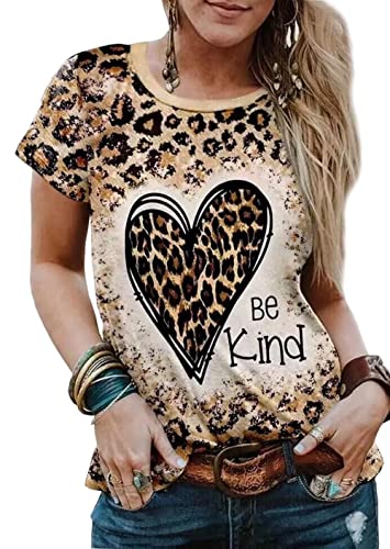 Be Kind Leopard T Shirt Animal Leopard Heart Graphic Blessed Shirt Women Inspirational Teacher Short Sleeve Tees Tops