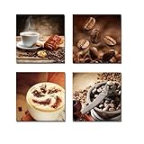 Wieco Art 4 Panels Coffee Bean Kitchen Canvas Wall Art Coffee Cup Canvas Prints Wall Decor Dining Room Canvas Art Contemporary Pictures for Kitchen Bar Decoration