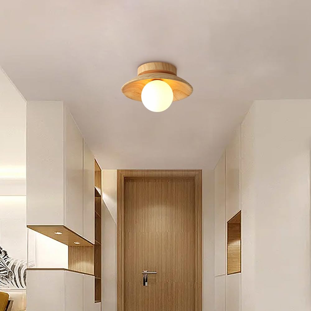 Okrągła Sufitowa Nordic Wood Do Korytarza, Do Przejścia W Stylu Japońskim, Sufitowa Z Kloszem W Kształcie Kuli, Półpłaska Drewniana Sufitowa/28 Cm