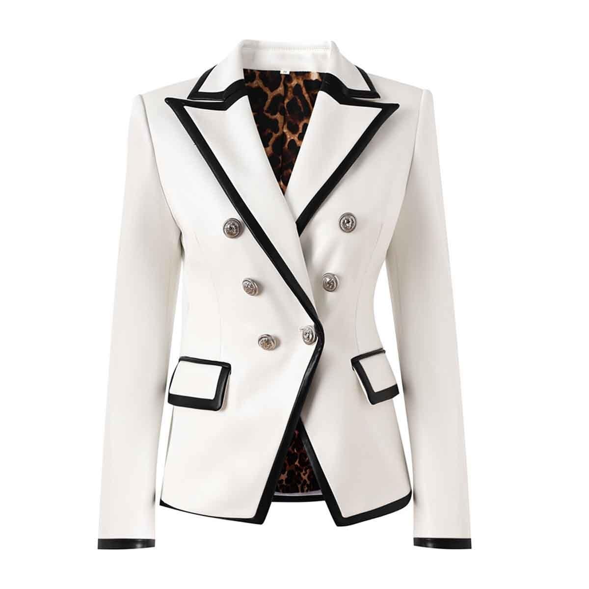 Womens Peak Lapel Suit Jacket Business Dinner Double Breasted Blazer with Leather Trim