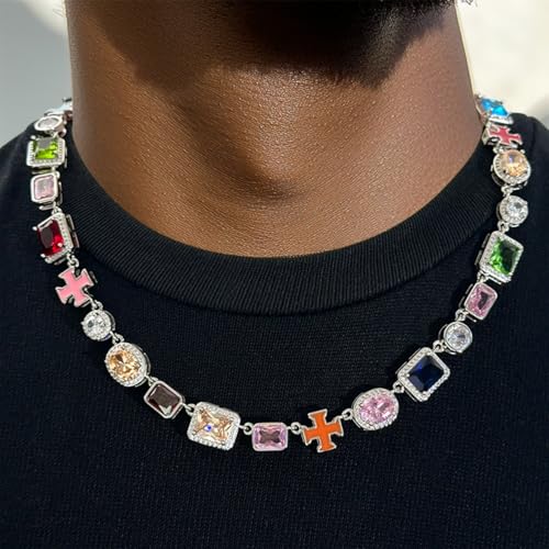 HELLOICE 10mm Multicolored Cross Necklace Enamel Chain for Women Men 5A Grade Cubic Zirconia Summer Statement Bling Necklace Gemstone Jewelry3