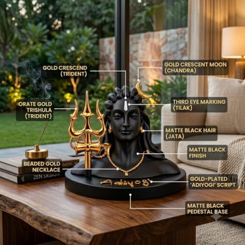 Image of Premium Lord Shiva Bust Idol with Trishul & Damru | Black and Golden Mahadev Statue for Home Decor, Office Desk, Temple & Spiritual Gift