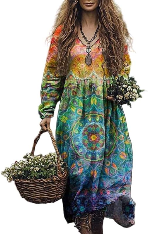Womens Boho Floral Long Sleeve Maxi Dresses Vintage Casual Cotton Linen Oversized Flowy Tunic Dress