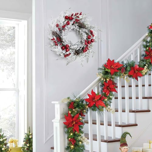 GAOMON 18 Inch Artificial Christmas Wreaths for Front Door, Snow Flocked Christmas Wreath with Red Berry, Little Red Apples and Pine Cones for Xmas Hanging Decorations Indoor Outside Decor