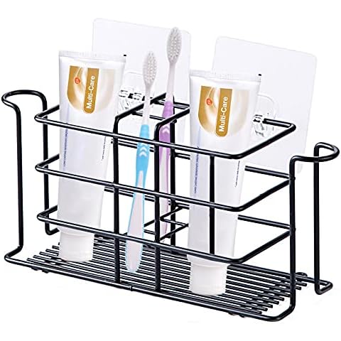 Zasjon Toothbrush Rack Wall Mounted, Toothpaste Organizer Toothbrush Adhesive Holder Toothpaste Caddy Toothbrush Shelf No Drilling Toothbrush Rack Storage with 2 Hooks for Facial Cleanser Razor, Black Cover