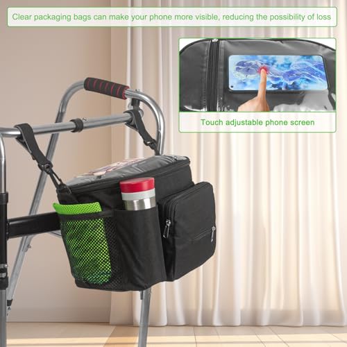 Image of Large Walker Bag with Water Cup Holder,Walker Basket,Foldable Walker Storage Bag,Side Walker Bag,Walker Side Access Bag Organizer Pouch Tote,Scooters or Rollator Walkers (Black)