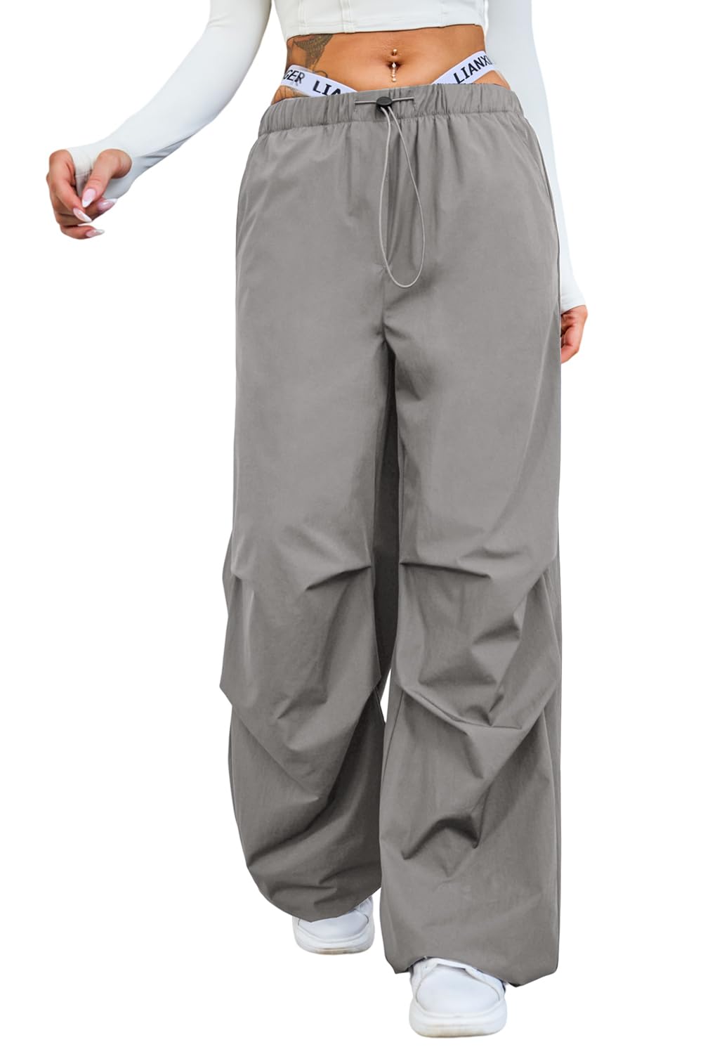 Herseas Womens Cargo Pants Y2K Baggy Nylon Parachute Pants Low Rise Wide Leg Pants with Drawstring