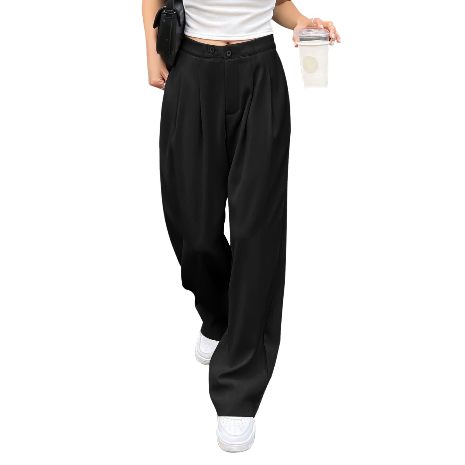 Weite Hose Damen High Waist Palazzo Hosen Anzughose Stoffhose Elegant Lässig Lockere Einfarbig Weites Bein Freizeithose Straight Leg Arbeitshose mit Taschen Schlaghose für Frauen