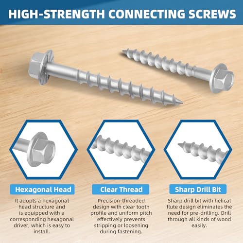 Upgrade SD Connector Screws, #9 x 1-1/2\" Heavy-Duty Joist Hanger Screws, 500-Hour Salt Spray Rust Prevention Grade, 1/4\" Hex Head with 0.370\"-Dia, Replace 10D Nails and Simpson SD9112R500, 500-QTY