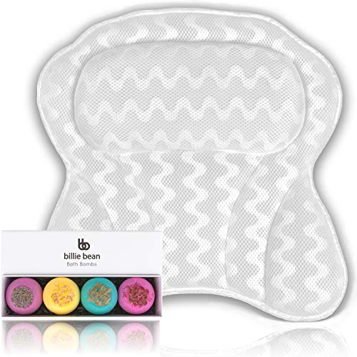 BILLIE BEAN Luxury Bath Pillow for Bathtub - 4 Bath Bombs Included