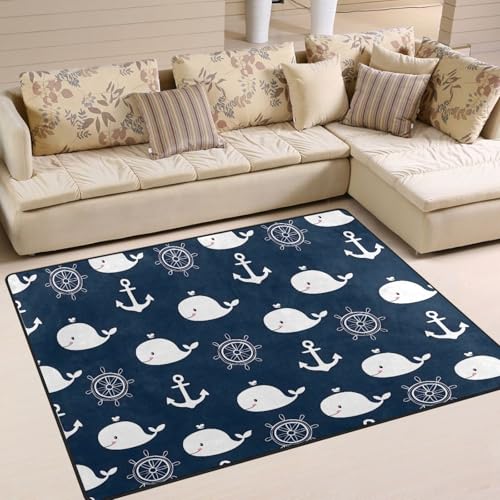 Image of ALAZA Retro Cartoon Whale Anchor Area Rug Rugs for Living Room Bedroom 4'10" x 6'8"