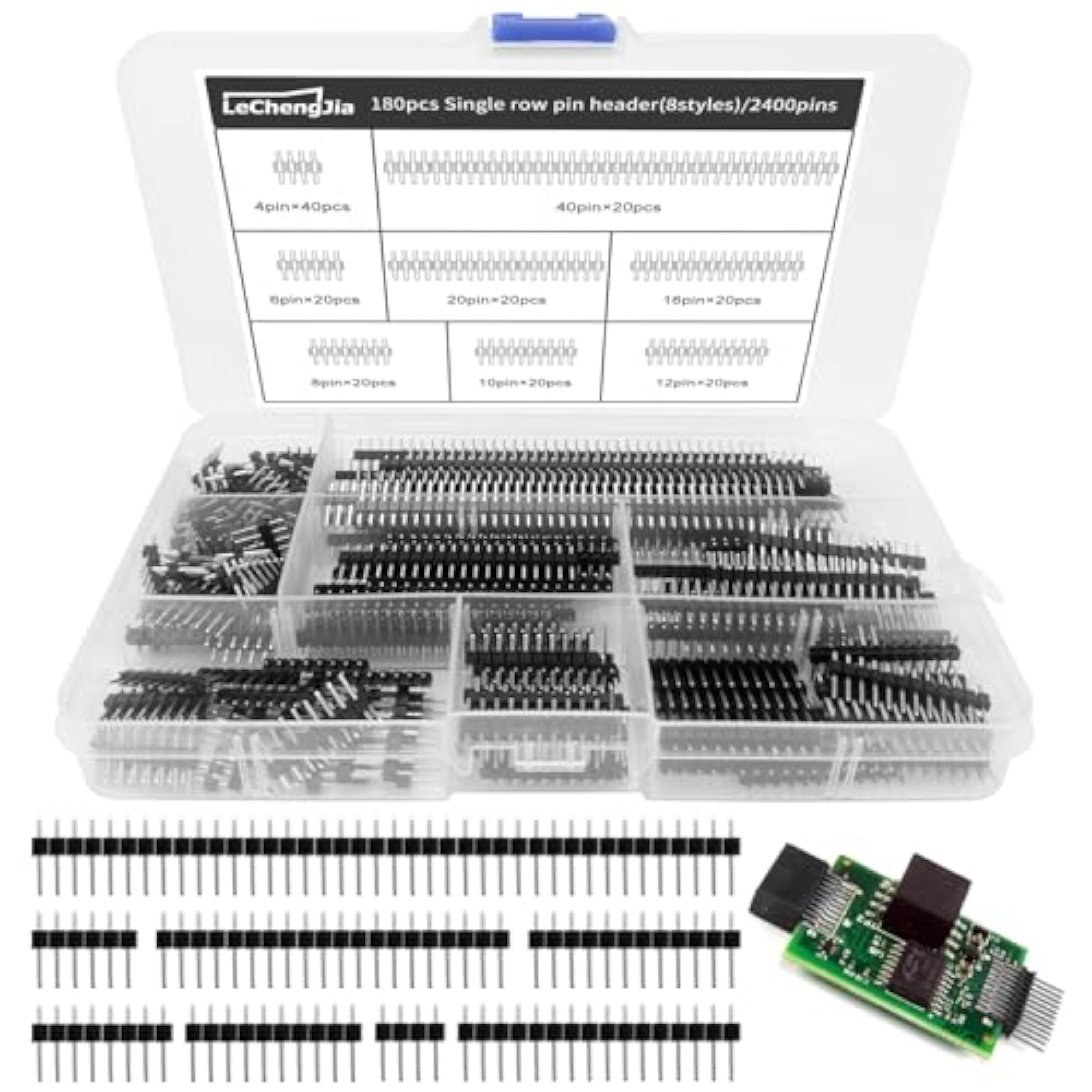 180 Piezas 2.54mm Conector de zócalo de pines de PCB de fila única recta, conector de tira de pines macho y hembra para Arduino Shield apilable (4/6/8/10/12/16/20/40 pines)