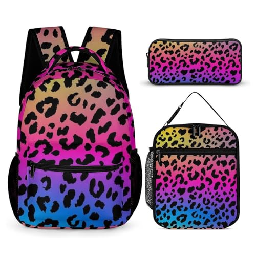 Backpack Bookbag Set Rainbow Cheetah Leopard Print Backpack with Lunch Bags and Makeup Bag Shoulder Bag with Lunch Box Storage Bags